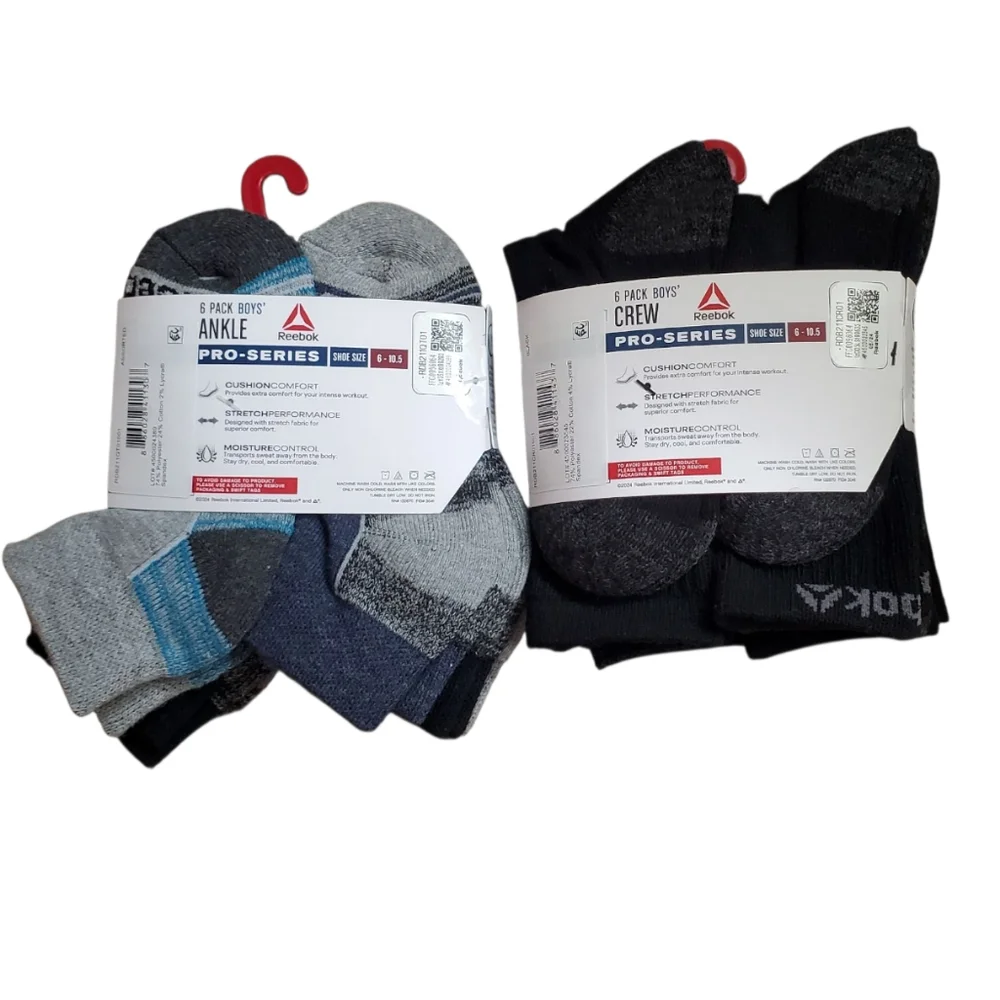 (2) Reebok Boy's Pro-Series Socks 6-Pack Size S (6-10.5)